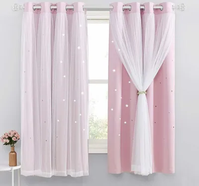 Produktbild von Rosa Verdunkelungsvorhang - 2er-Set Vorh?nge fš¹r M?dchenzimmer mit Sternen fš¹r Kinder mit Thermo-Durchsicht, leuchtende Vorh?nge, Block zur Dekoration, L 132 x H 160 cm, Hellrosa