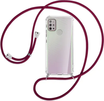 Produktbild von Handykette Backcover-Schutzhülle mit Band (Metall silberfarben) für Motorola Moto G10 (Power), G20, G30 - dunkelrot