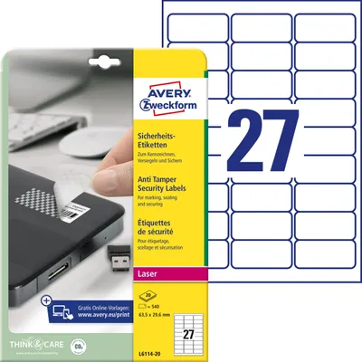 Produktbild von Avery Zweckform L6114-20, Sicherheits-Etiketten, A4, 63,5 x 29,6 mm, 540 Etiketten / 20 Bögen, weiß