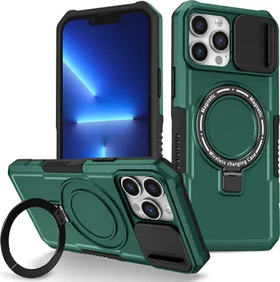Produktbild von Handyhülle für iPhone 13 Pro Max Kompatibel mit MagSafe, Robuste Hülle mit Schiebe Kamera Schutz, Magnetischer Ringständer Dunkelgrün