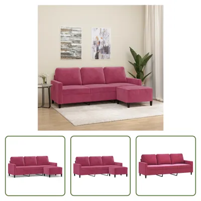 Produktbild von The Living Store 3-Sitzer-Sofa mit Hocker Weinrot 180 cm Samt