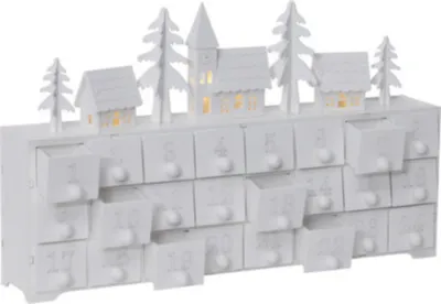 Produktbild von Adventskalender 'Yuletide' | Holz | weiß | mit Beleuchtung | 4 LEDs warmweiß | Größe ca. 37 x 21 cm | 24 Schubladen | zum selberfüllen | Weihnachtskalender