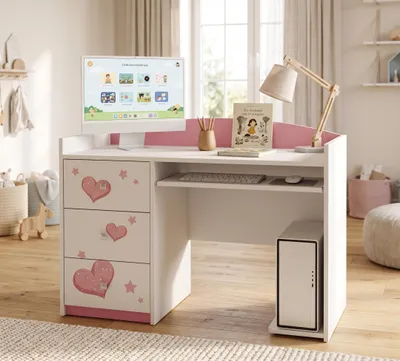 Produktbild von Kinderschreibtisch Mädchen Rosa mit Schrank und Schublade | Lerntisch Hausaufgabentisch für Schüler | Tolles Design mit Motiv, KI-generiertes Bild