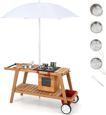 Produktbild von COSTWAY Kinder Matschküche Outdoor, Gartenspielküche mit Sonnenschirm, Garten Küche Spielset auf Rollen, aus Holz, inkl. Zubehör, für Kinder ab 3 Jahre alt