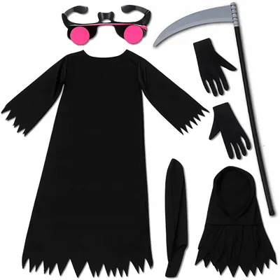 Obrázek produktu pro Kostým Smrtky pro děti, velikost 134-140, ideální na Halloween, včetně čepice a LED brýlí