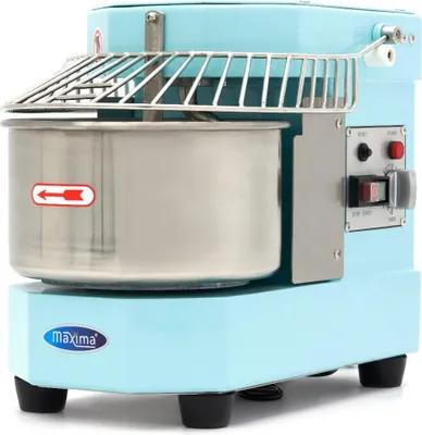 A light blue dough mixer with a silver bowl and safety guard.