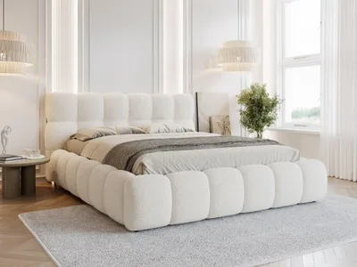 Produktbild von FurniDe24 Polsterbett Ted 200x200 cm - Bett 200x200, Polsterbett mit Bettkasten & Lattenrost - Bouclé-Stoff - Bett Weiß (Quelle 1)