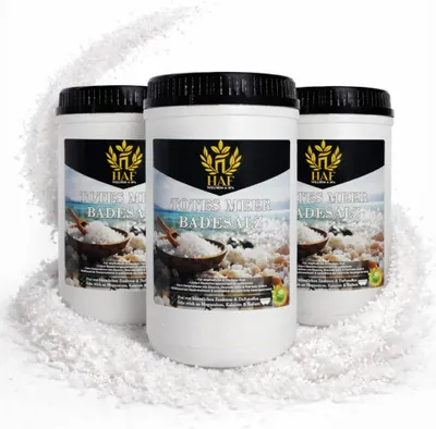 Produktbild von HAF – Totes Meer Badesalz (3 x 1 kg Dose) – Naturreines Meersalz aus Jordanien. Für trockene Haut & Gesicht | Für guten Schlaf & zur Körperpflege