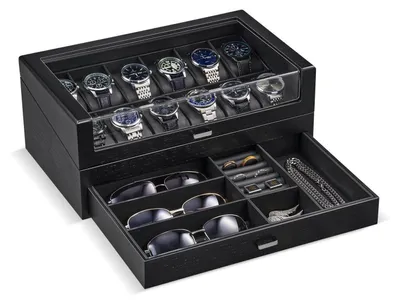 Produktbild von Uhrenbox Holz 2 Ebenen 12 Fächer Schwarz in Lederoptik 34,5 x 21 x 14,6 cm