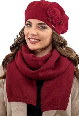 Produktbild von Vivisence damen baskenmütze eleganter wintermütze und schal set warm kopfbedeckung und halsbedeckung an winter und herbst warm dick, winterset für frauen, hergestellt in der eu, weinrot, einheitsgröße