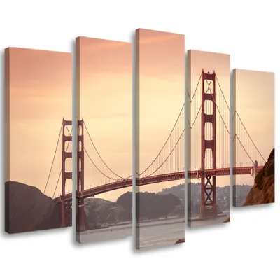 Produktbild von 5-teiliges leinwandbild brücke von san francisco 100x70 cm Feeby orange wandbild bereit zum aufhängen