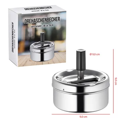 Produktbild von 1x Verchromter Drehaschenbecher, 9cm Durchmesser, Metall, geruchsarm, Innen, Außen, Terrasse, Balkon, Wohnung