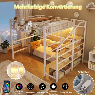 Productafbeelding van okwish Hoogslaper 140x200 met opbergmand, LED-verlichting, tienerbed met opbergruimte, veiligheidsreling, metalen bed in wit, zonder matras