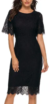 Produktbild von MEROKEETY Damen Kurzarm Spitze Blumen Cocktailkleid Rundhals Knielang für Party,