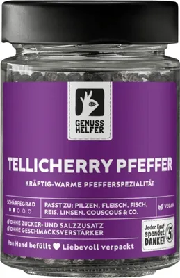 Produktbild von Tellicherry Pfeffer, ganz, edler Pfeffer für die Mühle mit intensiven Aromen zum Kochen und Backen, 90g im Glas