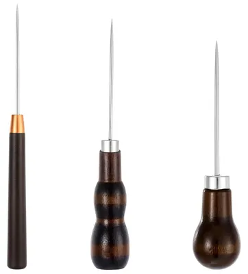 Productafbeelding van Omgoods - 3 Stuks Leerbewerking Naalden met Houten Handvat