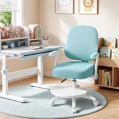 Produktbild von HOFFREE Ergonomischer Schreibtischstuhl für Kinder - mit verstellbarer Rückenlehne, sattelförmigem Sitzpolster, um 90° hochklappbaren Armlehnen, Blau