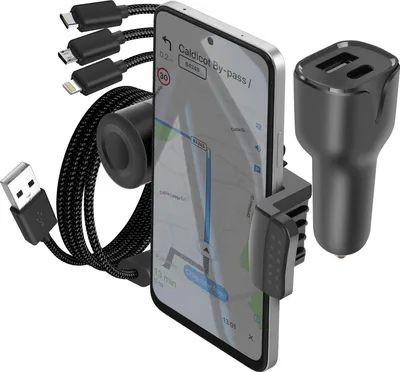 Zdjęcie produktu dla Avizar, ładowarka samochodowa USB-C + kabel 3w1 + uchwyt na telefon, czarny