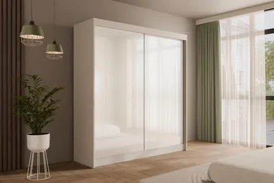 Produktbild von ALTDECOR Kleiderschrank mit Lacobel-Schiebetüren, kugelgelagerte Führungsschienen und Aluminium-Leisten - PEKA - 200 cm Weiß /  Weiß