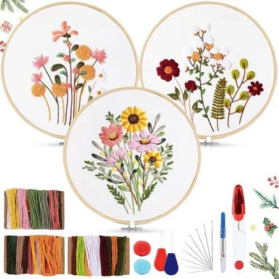 Produktbild von Borduurringset für Anfänger mit Blumenmuster und Pflanzen, 2 Bambus-Ring-Set, Anleitung und Werkzeug, Kreuzstich-Set für DIY-Kunst, Kunsthandwerk