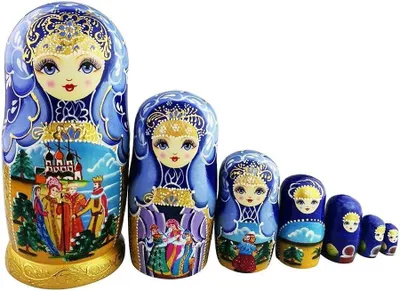 Productafbeelding van Set sprookjesachtige blauw goud geglazuurde - Set van 7 - Kleuterpop Houten Stapelspeelgoed Traditionele