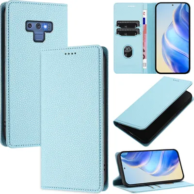 Produktbild von Litchi Leder Handyhülle für Samsung Galaxy Note 9 Wallet Kartenfächer Standfunktion Hülle Hellblau