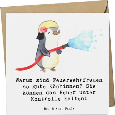 Produktbild von Mr. & Mrs. Panda Grußkarte Feuerwehrfrau Köchin - Weiß - Geschenk, faltkarte, Glückwunschkarte, anlasskarte, Feuerwehr, kreative Geschenke, Beruf, handgefertigte, Stärke