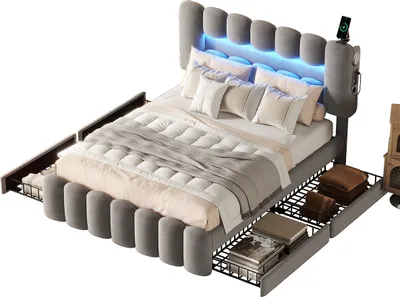 Produktbild von Polsterbett mit LED-Lichtleiste USB und Stereoanlage 4 Schubladen Kinderbett Einzelbett Samt (Ohne Matratze) 160 x 200cm Grau