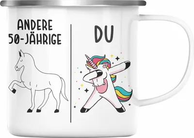 Produktbild von Trendation - 50. Geburtstag Frauen Emaille Tasse Einhorn Geschenk Geschenkidee 50er Geburtstag Mutter Mama (Silber)