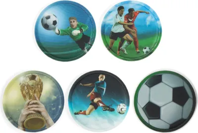 A collage of five circular images related to soccer, including players, a trophy, and a soccer ball.