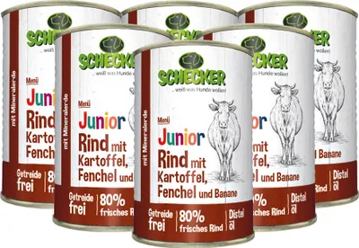 Produktbild von 6 x 410 g - Schecker Nassfutter - Hundemenü - Junior Rind mit Kartoffel, Fenchel und Banane