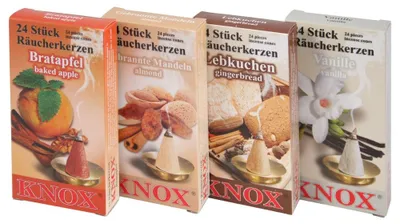 Produktbild von KNOX Räucherkerzen - 4er Set - Weihnachtsbäckerei - Bratapfel/Gebrannte Mandeln/Lebkuchen/Vanille - je 24 Stück