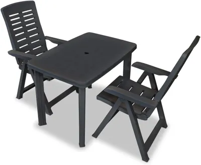 Produktbild von 3-teiliges Gartenmöbel-Set aus Kunststoff in Anthrazit für Terrasse, Balkon und Außenbereich mit Klappstühlen und Tisch mit Schirmloch
