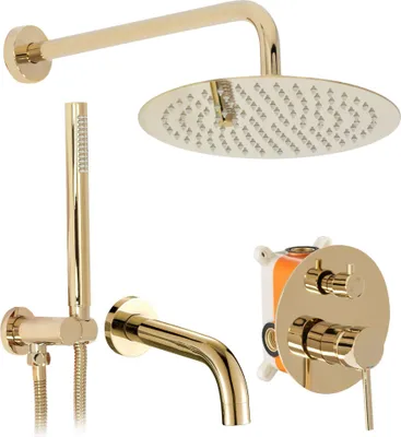 A set of gold-colored bathroom fixtures including a shower head, hand shower, faucet, and control valve.