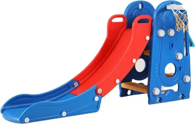 Immagine prodotto di Happyment Scivolo 3 in 1 con canestro - Scivolo pieghevole per bambini per interni ed esterni - Giocattolo sicuro per bambini (1-6 anni) - Blu e Rosso