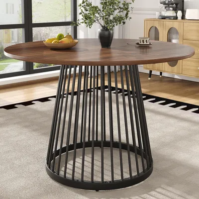 Produktbild von Runder Esstisch (80×80×76cm), Küchentisch,, Runder Kaffeetisch für 4,geeignet für Esszimmer, Wohnzimmer,Tischbeine aus Metall,MDF Walnussfarbener Schreibtisch und schwarze Beine