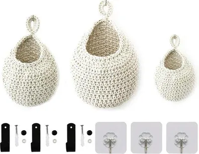 Immagine prodotto di Grappoli sospesi per frutta e verdura - Set da 3 pezzi | Decorazioni da parete per la cucina | Intrecciati a mano per aglio, frutta e verdura - Bianco