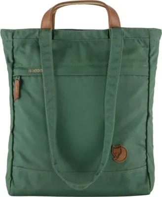 A green tote bag with brown leather handles and accents, shown against a white background.