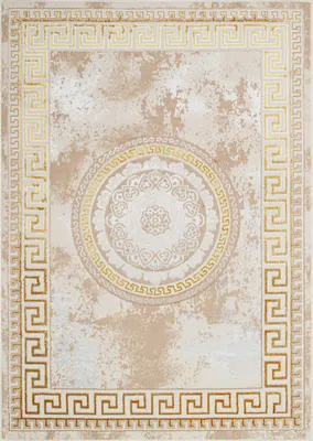 A flat lay of a rectangular rug with a classical design.