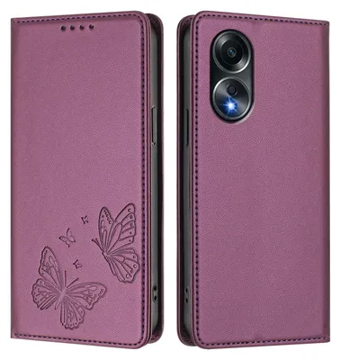 Produktbild von Lederhülle für Oppo A58 4G, Schmetterling Prägung Leder Brieftasche Schutzhülle mit Ständer Lila