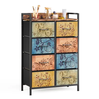 Image de Mondeer Commode à tiroirs avec 8 tiroirs en tissu à fleurs,avec cadre métallique et tiroirs en tissu non tissé, style rétro 66.5x30x105.5cm
