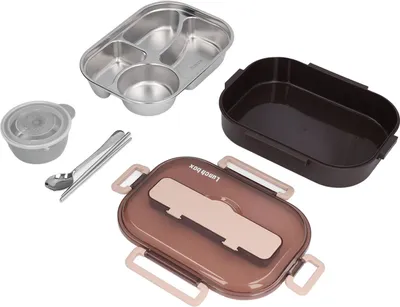 Image de Boîte à lunch en acier inoxydable Boîte à lunch isolée avec compartiment pour enfants(Black Card Four Grid Soup Bowl Single Lunch Box)
