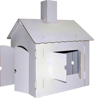 A white cardboard playhouse with open doors and windows.