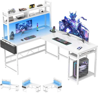 Imagen del producto de Escritorio en forma de L - Estación de trabajo para ordenador - Organización para trabajar desde casa - Puertos de carga integrados - 160 x 120 cm - Blanco