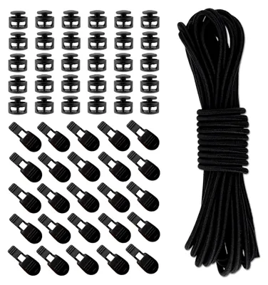 Produktbild von 20m Elastische Gummischnur, 3mm Schwarze Elastische Kordel mit 30 Kordelklemmen und 30 Kordelstoppern 2 Loch
