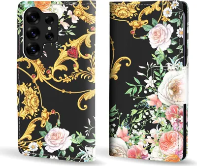 Produktbild von Handy Hülle für Samsung Galaxy S25 Ultra Klapphülle Bookcase Flip Cover Handy Tasche Etui Motiv: Rosen Ornamente Blumen