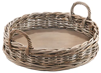 Zdjęcie produktu dla Taca Kobolo o średnicy 48 cm wykonana z rattanu okrągła z drewnianą podstawą kubu szary szary - taca dekoracyjna taca do serwowania ręcznie tkana taca do serwowania taca dekoracyjna