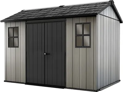 A shed with two windows and double doors, set against a white background.