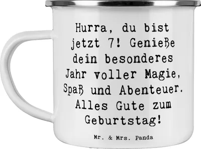 Produktbild von Mr. & Mrs. Panda Kaffeepott Spruch 7. Geburtstag - Weiß - Geschenk, siebte Geburtstagsparty, Glückwunsch, Teetasse, Kindergeburtstag, Pott, becher emaille, siebter Feier