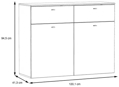 A line drawing of a sideboard with dimensions indicated.